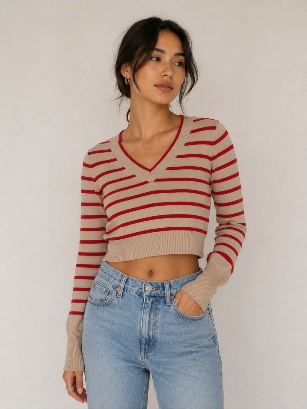 Marled Retro Clothing Red Stripe V-Neck Sweater S Soft Stretch Knit